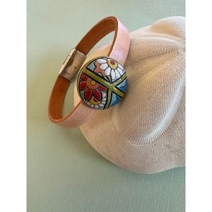 Bracelet with Peace Sign and Flowers Bead on Leather Band with Magnetic Clasp